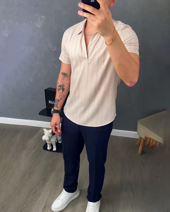 Men's Ribbed Casual Polo-Collar T-Shirt