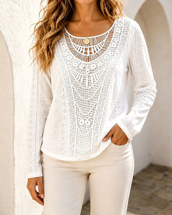 Crew Neck Cutout Long Sleeve Solid Color Blouse