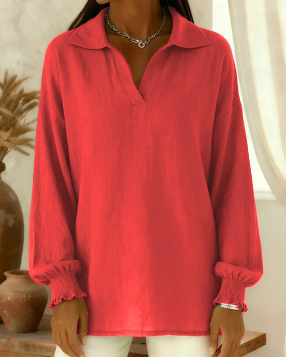 Cotton And Linen Lantern Sleeve Collared Solid Color Blouse
