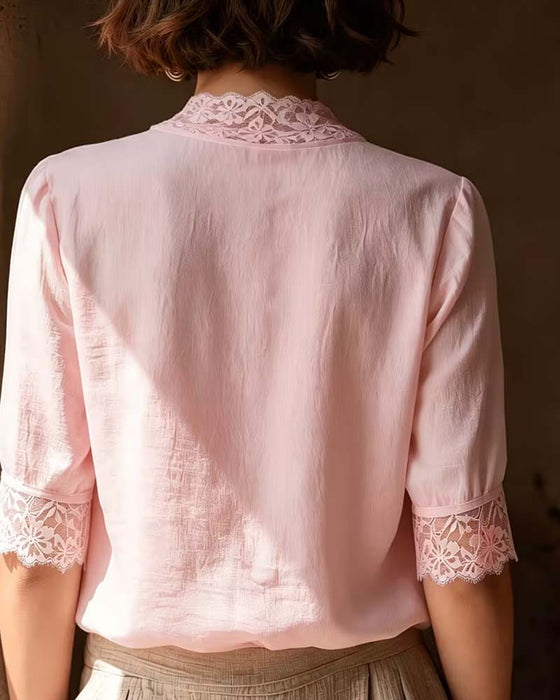 V-Neck Lace Patchwork Solid Three-Quarter Sleeve Blouse