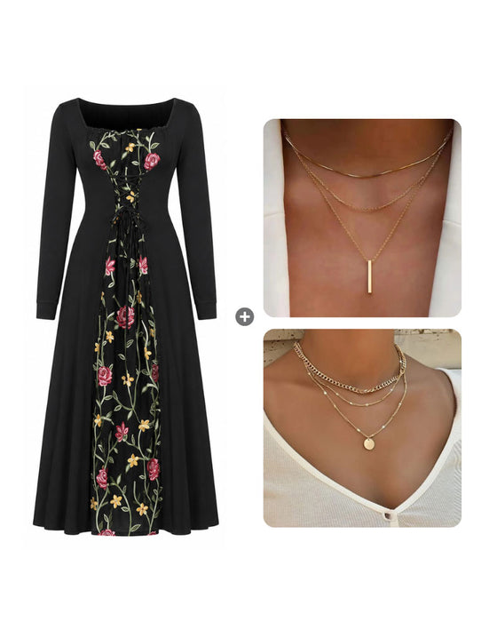 Square Neck Rose Spliced Maxi Dress