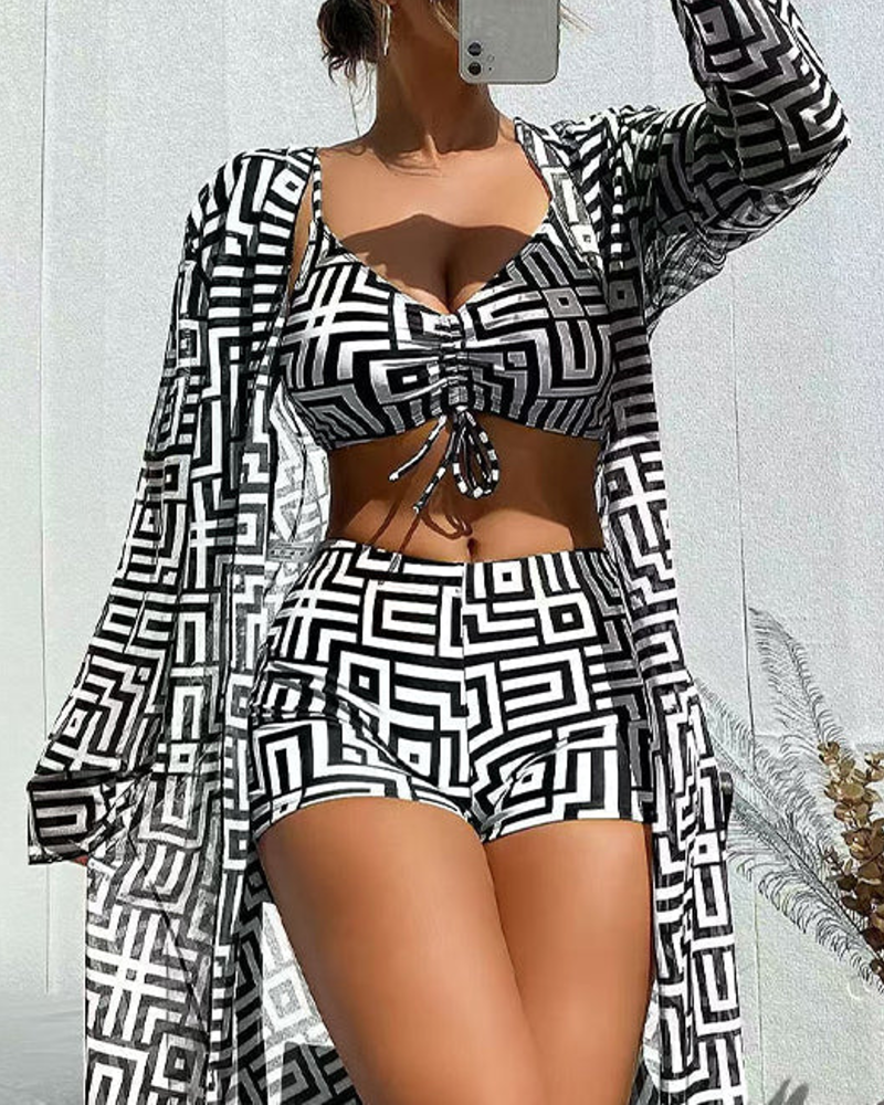 Flat-Front Bikini Three-Piece Set