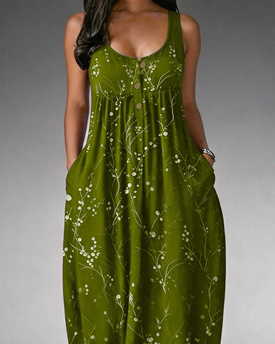 Sleeveless Button Knit Print Dress