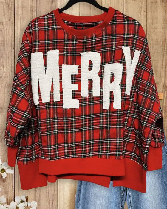 Plaid Letter Crew Neck Sweatshirt