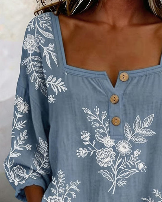 Square Neck Print Loose Blouse