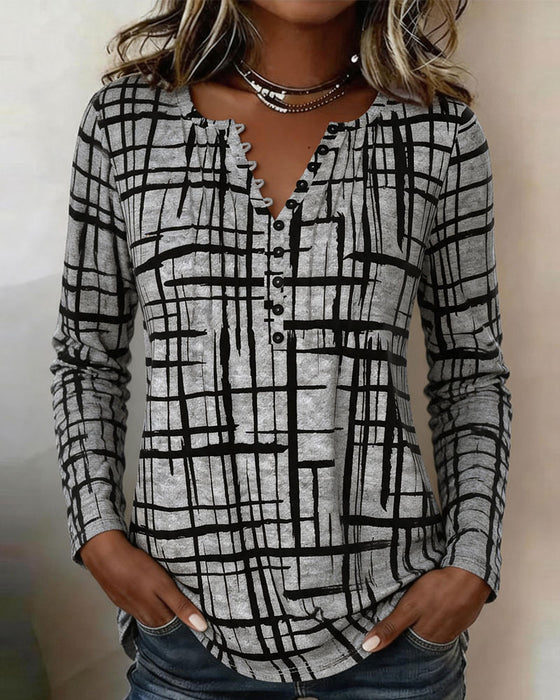 V-Neck Button Plaid Color Block Long Sleeve Top