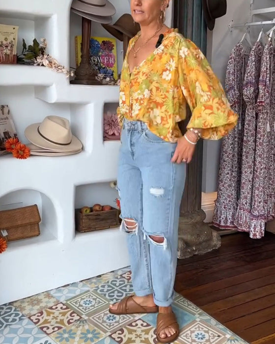 V-neck floral print blouse