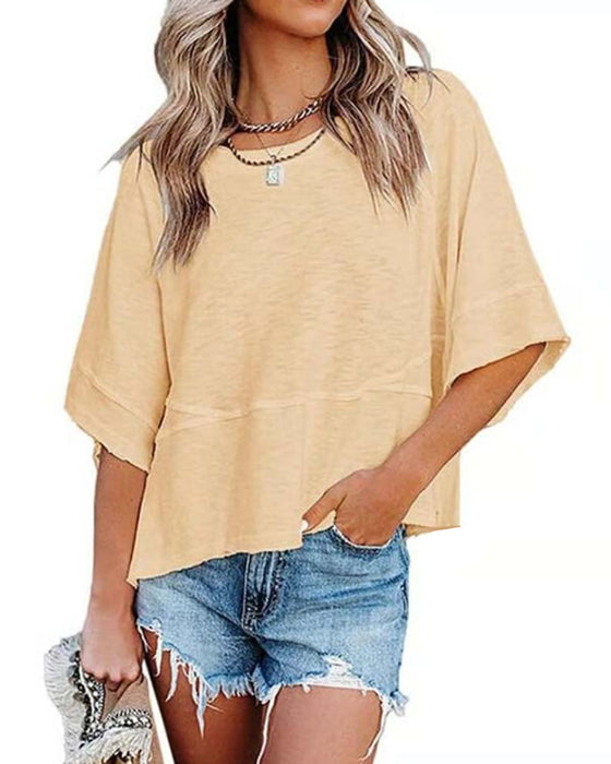 Non-Slit Patched Solid Color Bell Sleeve T-Shirt