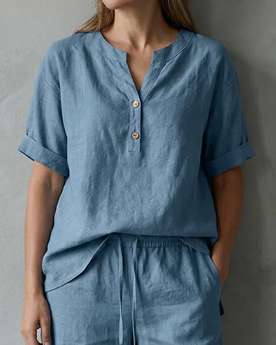 Henley Neck Short Sleeve And Drawstring Five-Point Wide Leg Pants Two-Piece Set