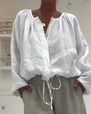 Long Sleeve Smocked Tie Blouse