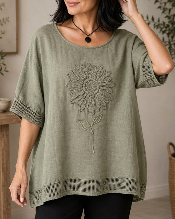 Sunflower Embroidered Loose Blouse