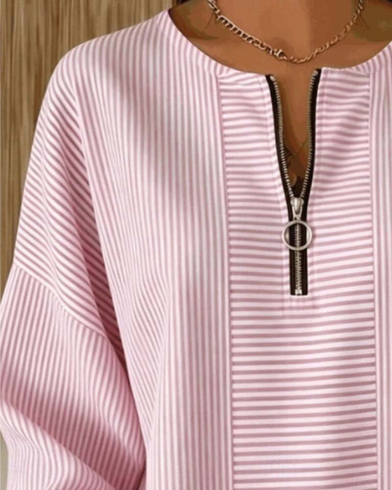 Half-Zip Long-Sleeve Striped Blouse