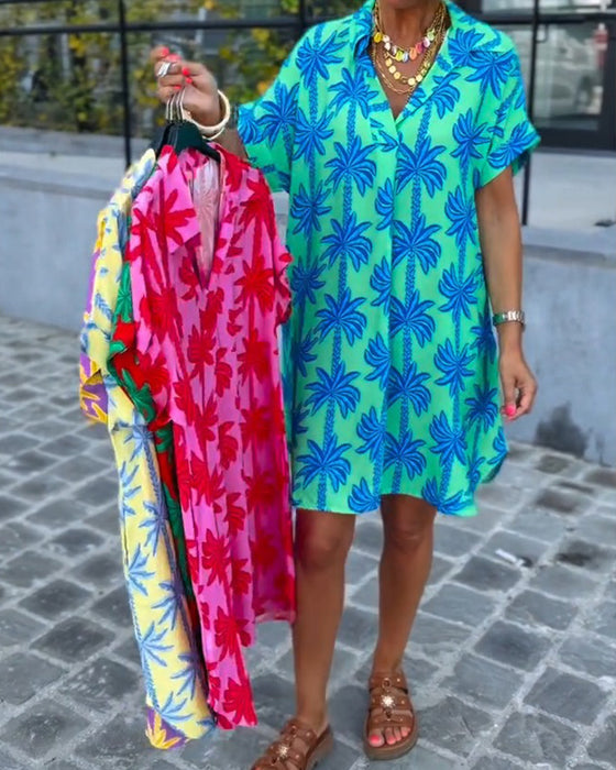 Lapel Collar Palm Tree Print Dress