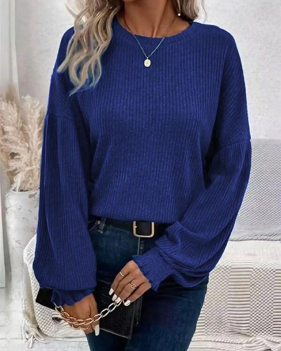 Crew Neck Drop Shoulder Lantern Sleeve Top
