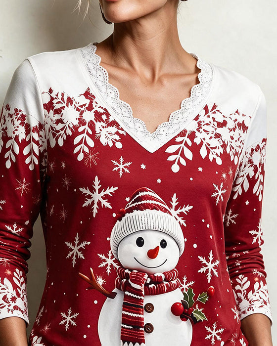 V-Neck Lace Trim Christmas Style Top