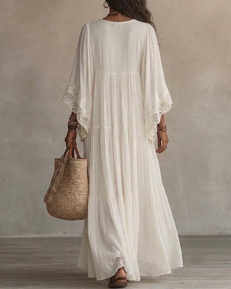V-Neck Lace Patchwork Solid Color Dress