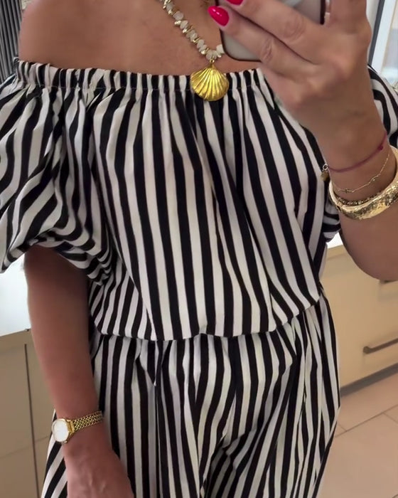Casual Off Shoulder Striped Jumpsuits