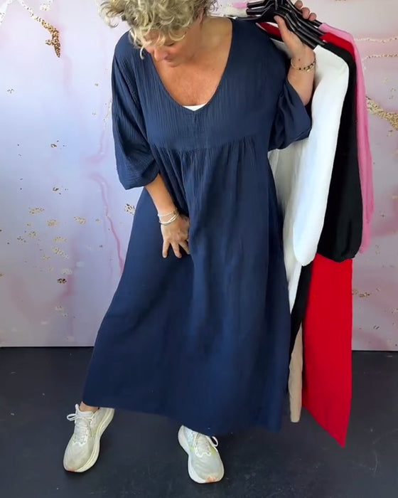 Forest Style V-Neck Pleated Solid Color Dress