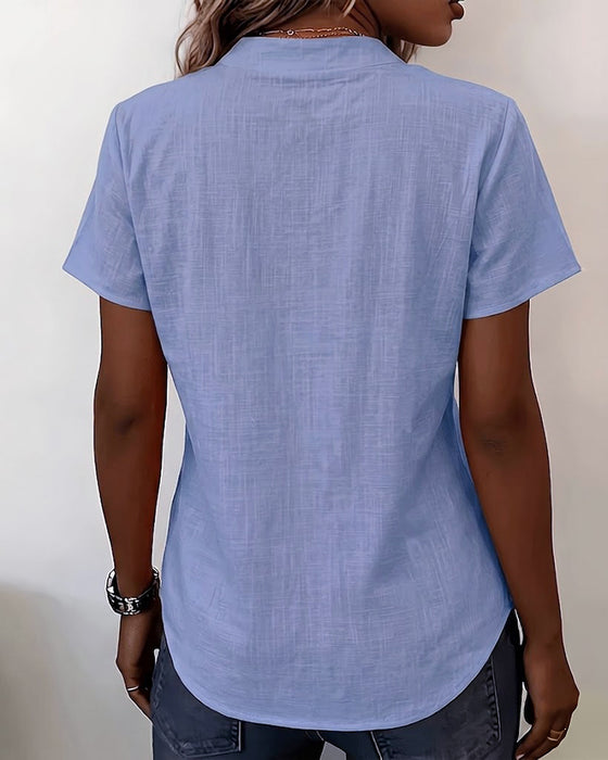 Stand Collar Button-Up Short Sleeve Blouse