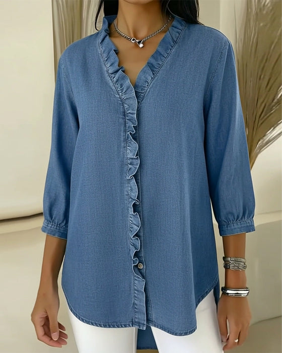 Ruffle V-Neck Denim Blouse