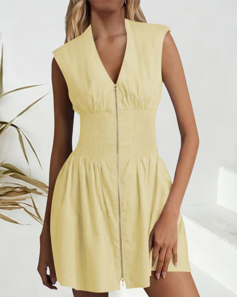 V-Neck Zipper Cinched Waist Sleeveless Dress