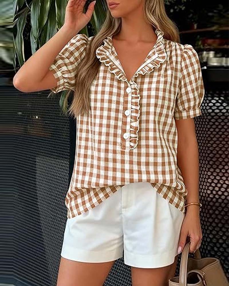 Plaid Puff Short-Sleeved Blouse