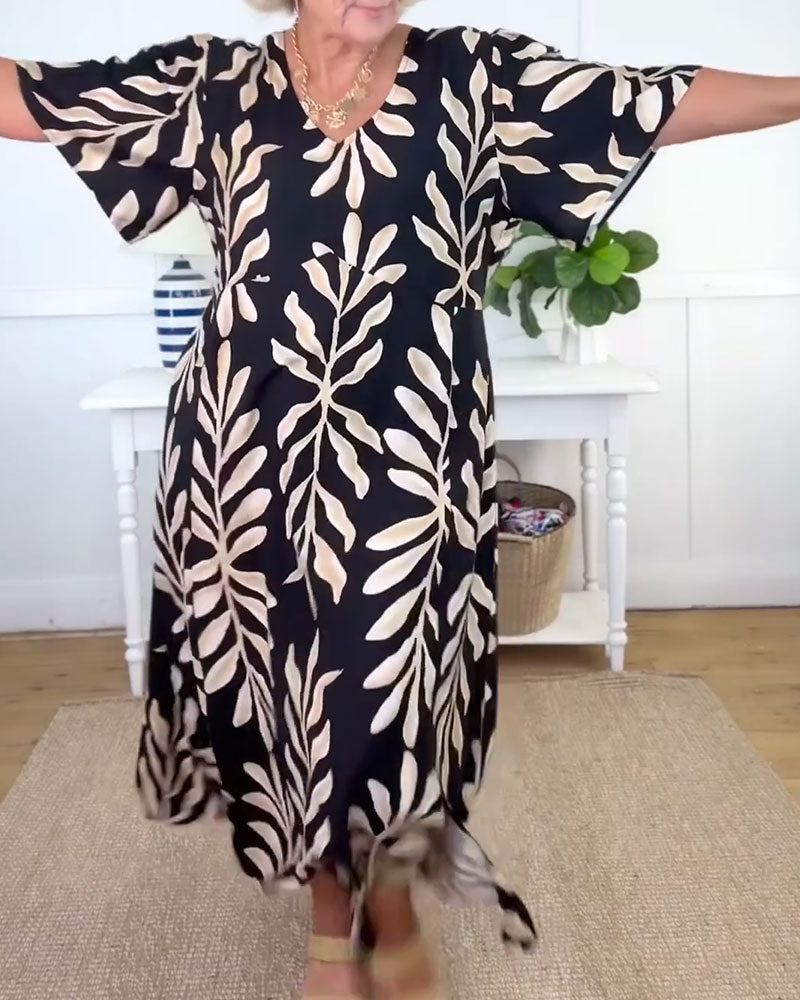 V-Neck Loose Short Sleeve Printed Dress