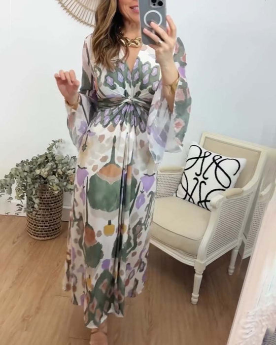 Elegant printed V-neck flare sleeves long dress