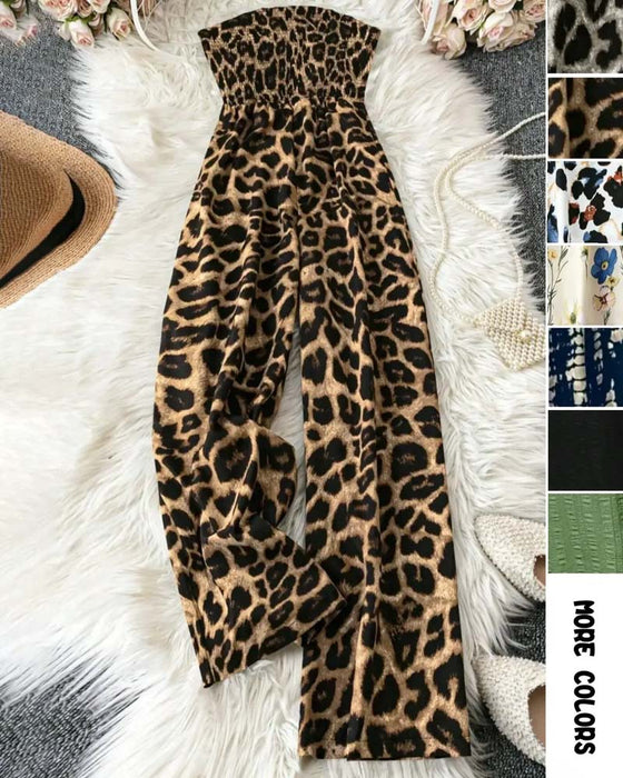 Strapless Leopard Print Wide Leg Waist-Cinching Jumpsuit
