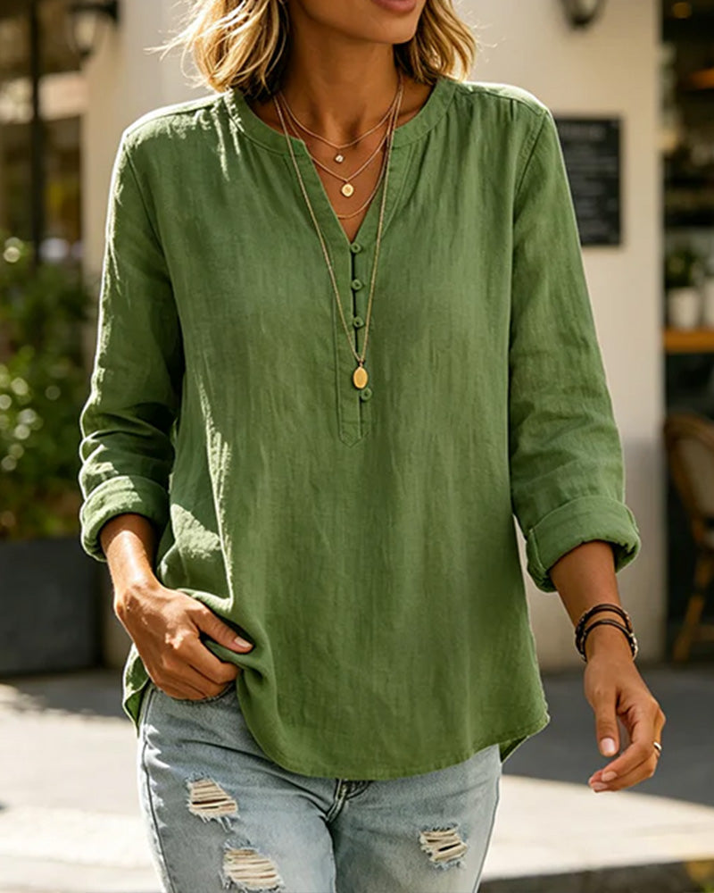 Long Sleeve V-Neck Button Blouse