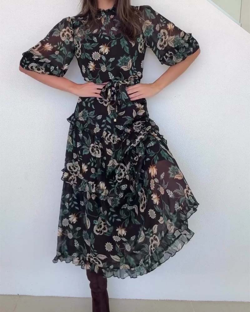 Vintage Floral Puff Sleeve Dress