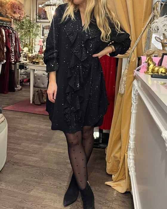 Loose-Fitting Ruffle Trim Sequined Dress