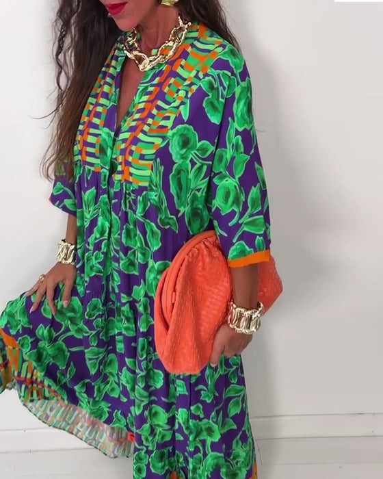 V-neck printed casual long dress