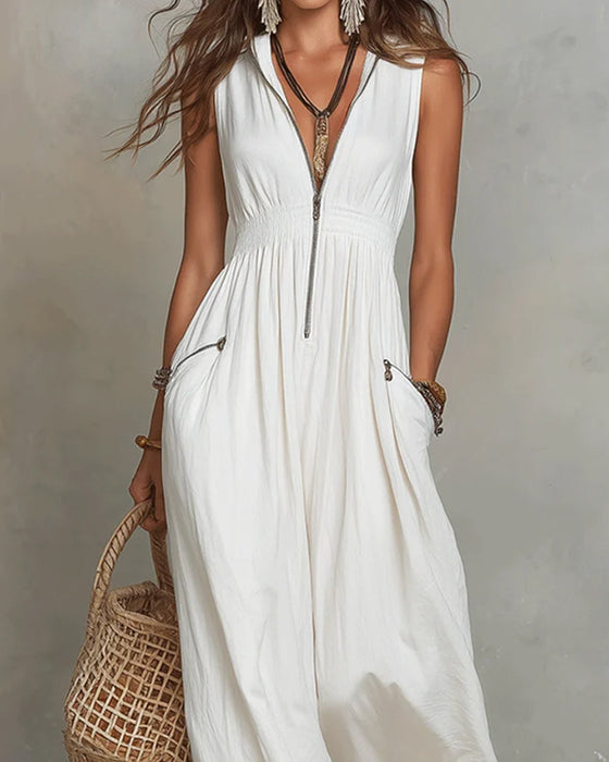 Lapel Sleeveless Zip Long Dress