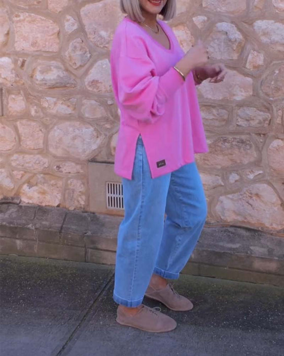 V-Neck Solid Color Sweatshirt