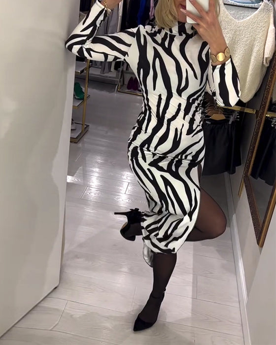 Slit Fitted Zebra Long-Sleeve Dress