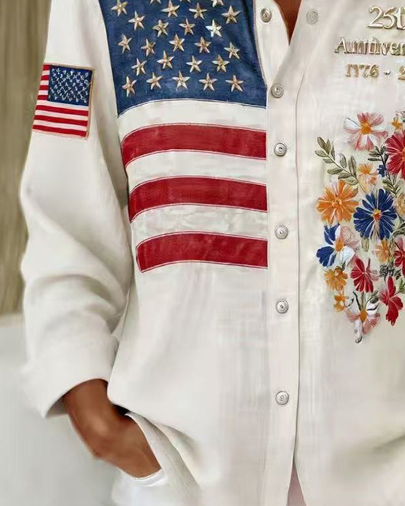 Turn-down Collar Print Embroidery Shirt