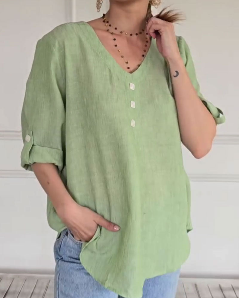 Solid Color V-Neck Loose Casual Top