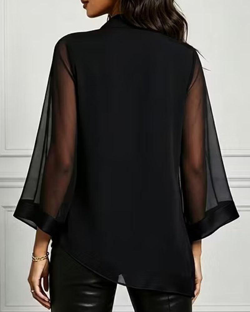 Cowl Neck Irregular Solid Sheer Blouse