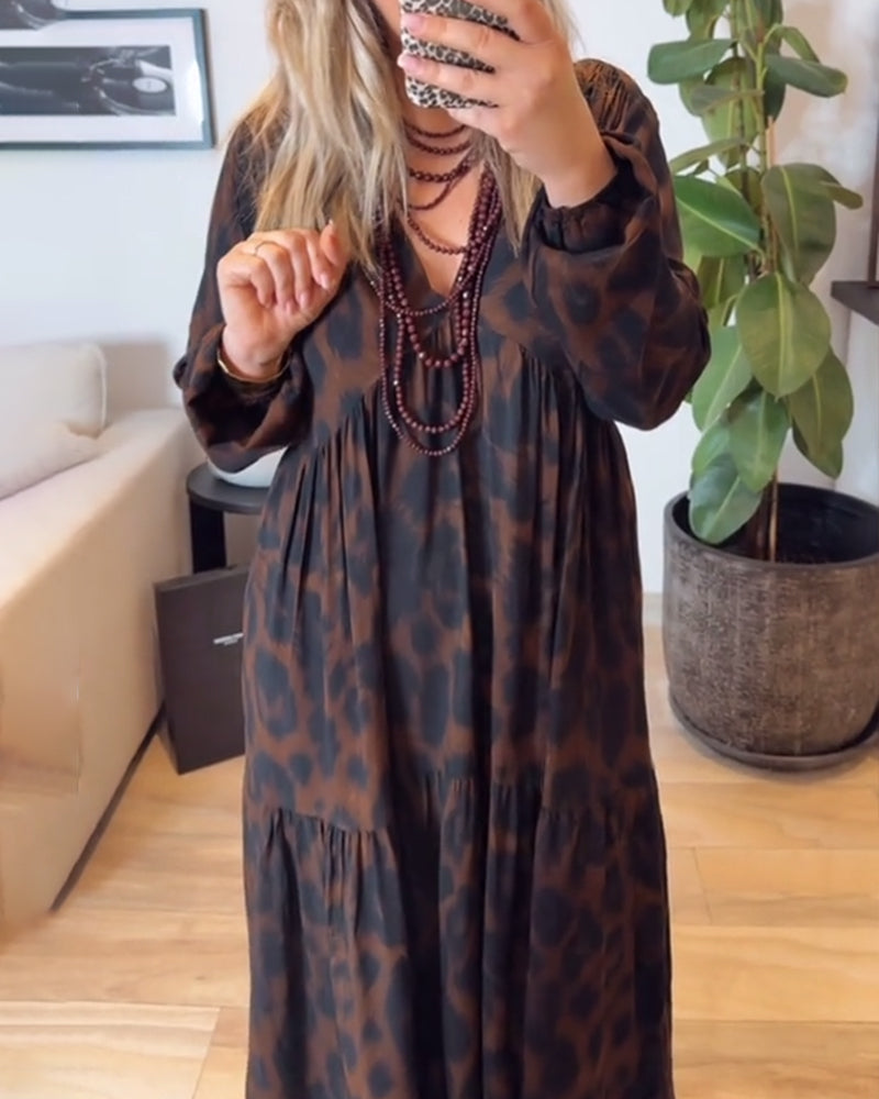 V-Neck Leopard Print Fashion Maxi Dress