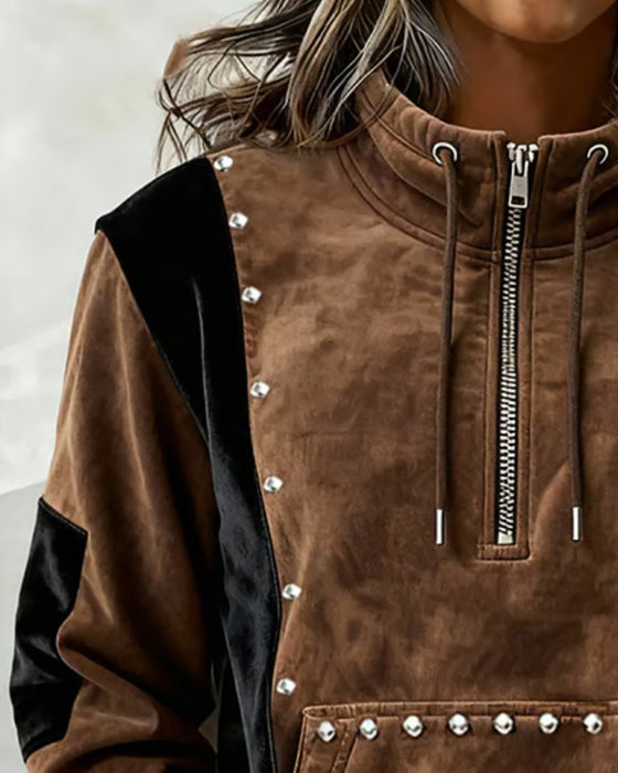 Zipper Color-Block Relaxed Sweatshirt