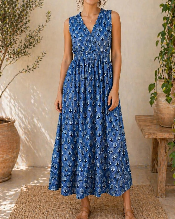 V-Neck Sleeveless Waist Dress