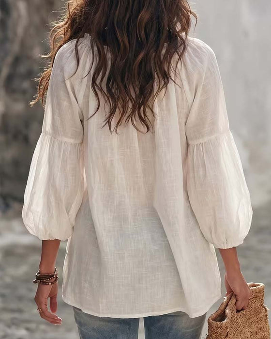 Puff Lantern Sleeve Ruffle Tie Blouse
