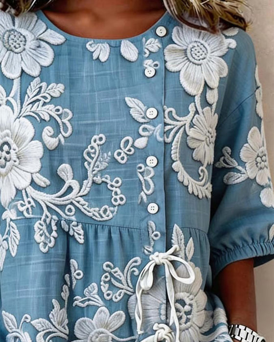 Floral Lace-Up Half-Placket Blouse
