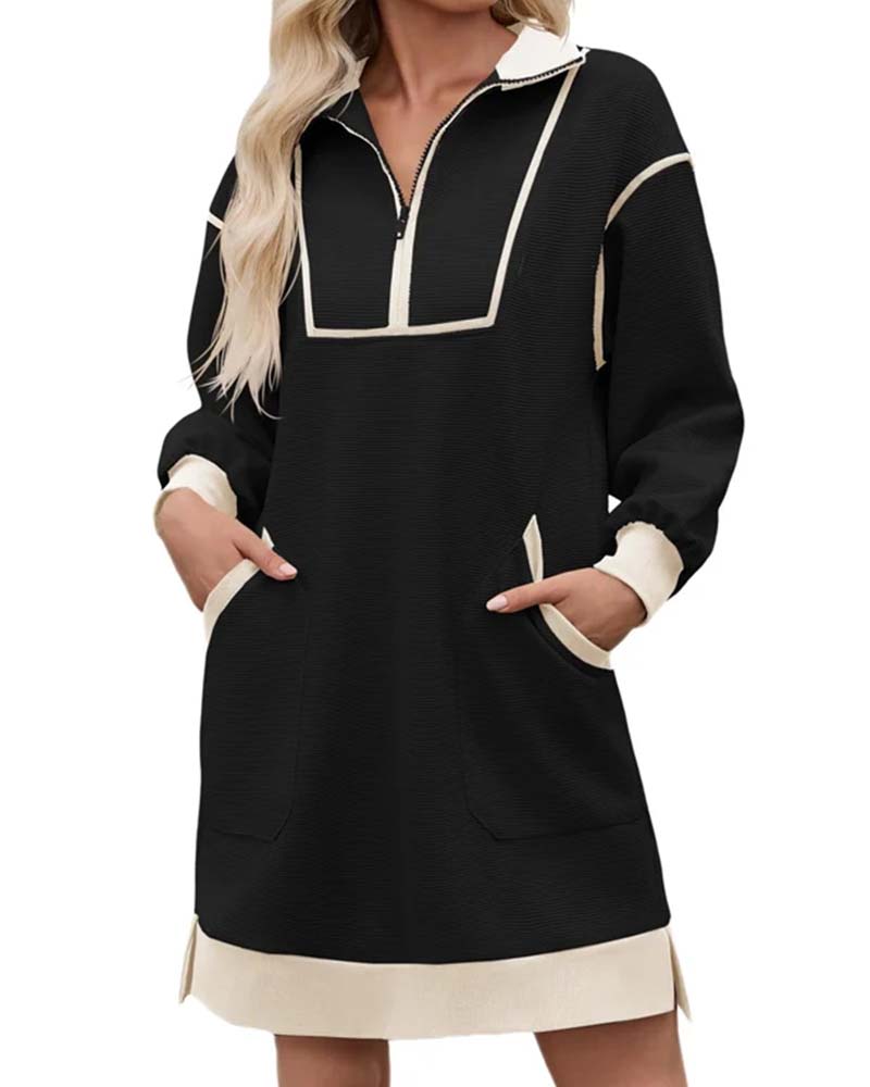 Half Zip Long Sleeve Color Block Short Dress