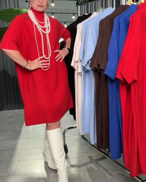 High-Neck Mid-Sleeve Straight Knit Dress