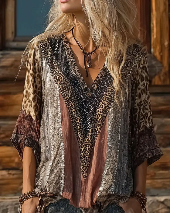 Leopard Patchwork V-Neck Print Blouse