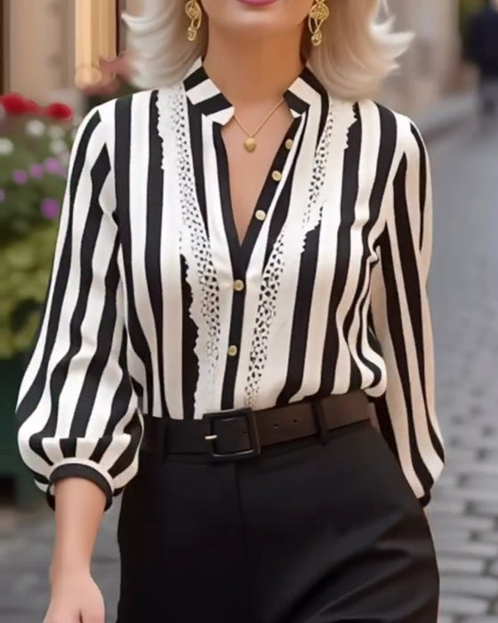 Lantern Sleeve Stand Collar Lace-Trimmed Shirt