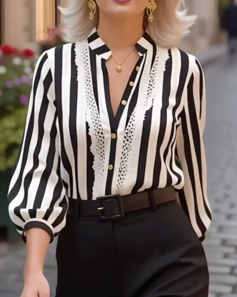 Lantern Sleeve Stand Collar Lace-Trimmed Shirt