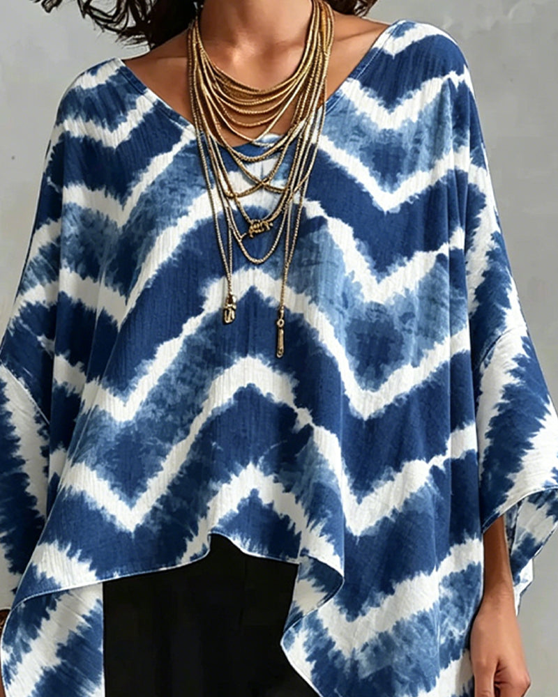 V-Neck Colorblock Patchwork Batwing Blouses